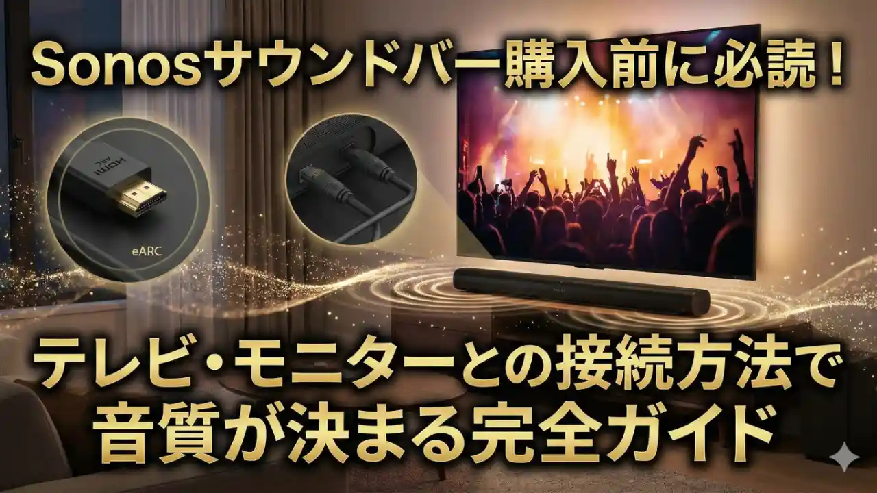 Sonosの最新サウンドバーArc Ultraがスタイリッシュに配置されたホームシアターのイメージ画像。テレビ背面とHDMI eARC接続、接続図解がオーバーレイされている。