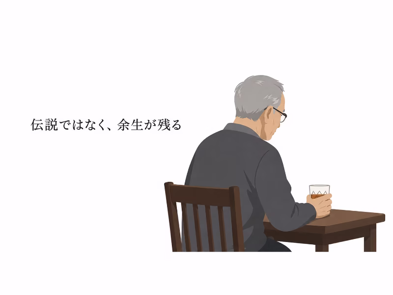 老いた男が静かに酒を飲む姿を通して、映画のラストに残る余生と余韻を表現したフラットデザインの挿絵