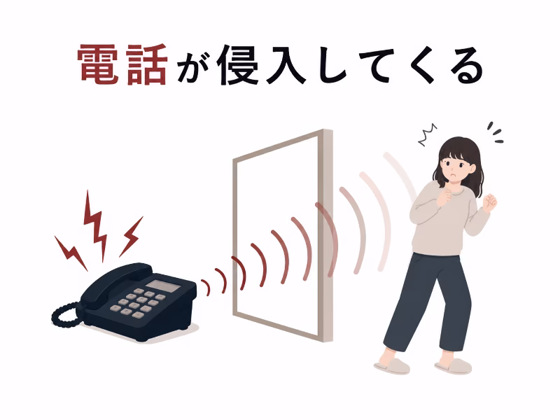 白背景のフラットデザインで、鳴る電話と音に怯える女性を描いた『反撥』の電話の怖さを表すイラスト