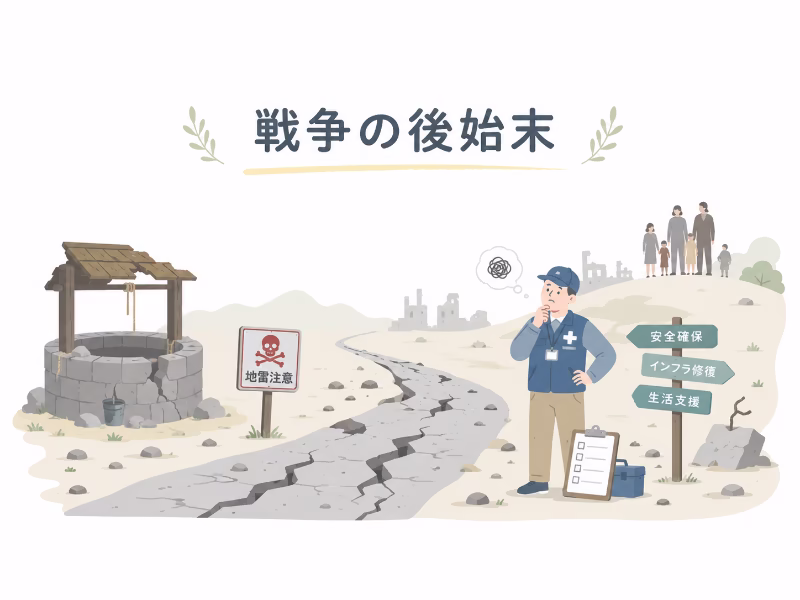戦闘ではなく戦争後の混乱や支援の難しさを表現したフラットデザインの挿絵