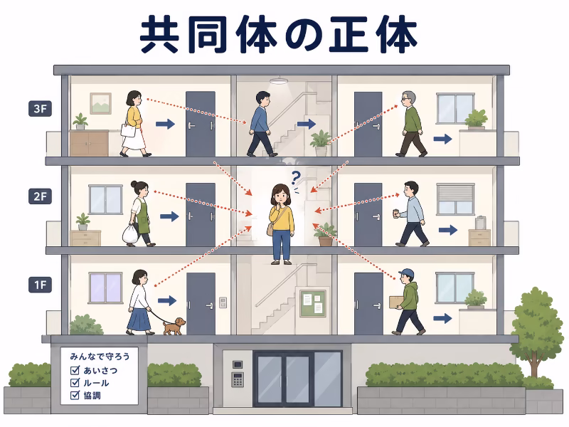 アパートの住人たちが同じルールで動き、女性が監視されているように見えるフラットデザインのイラスト
