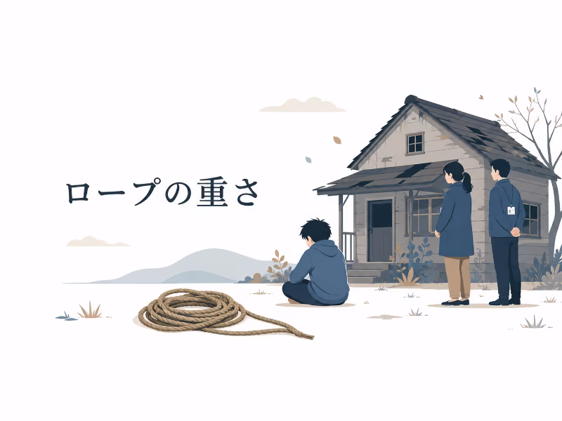 少年の家とロープを通して、戦争の喪失感を表現したフラットデザインの挿絵