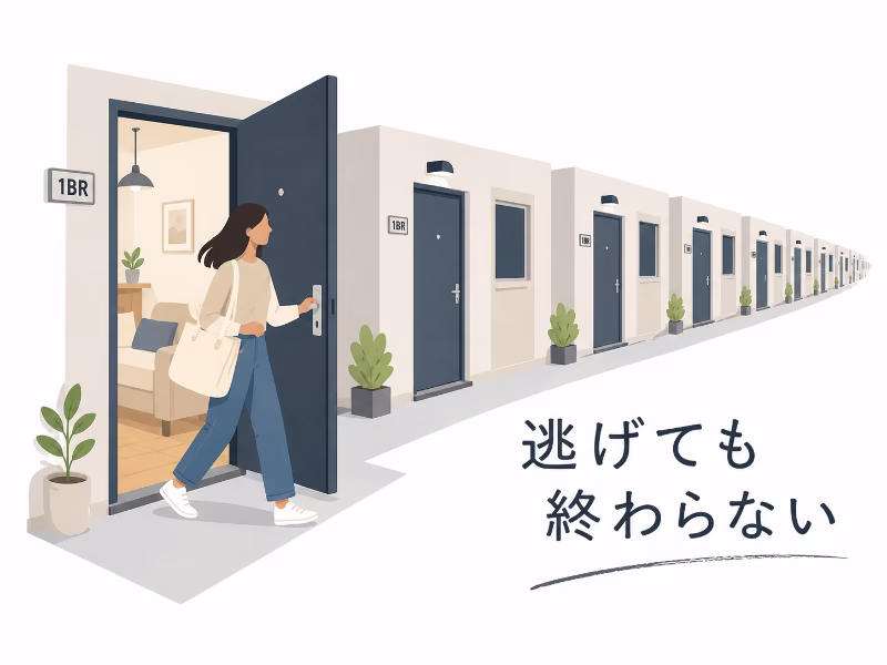 部屋から逃げ出しても同じような構造が外に続いていることを表したフラットデザインのイラスト