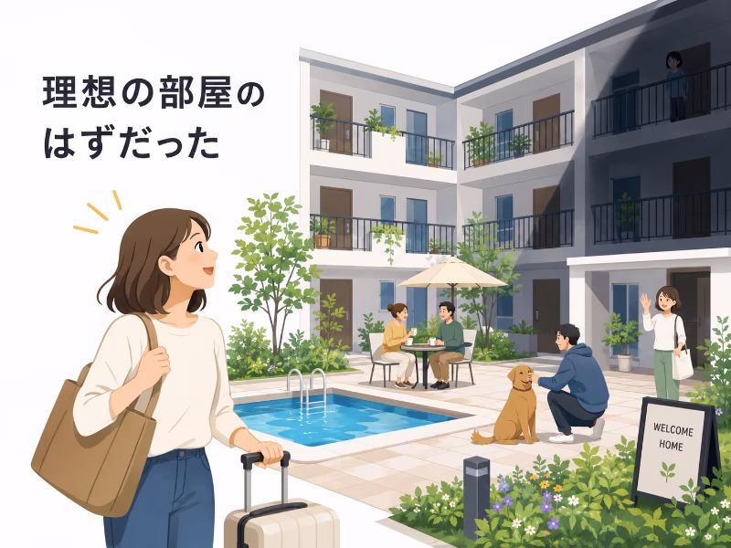 理想的に見えるアパートと、そこに入り込む不穏な気配を表したフラットデザインのイラスト