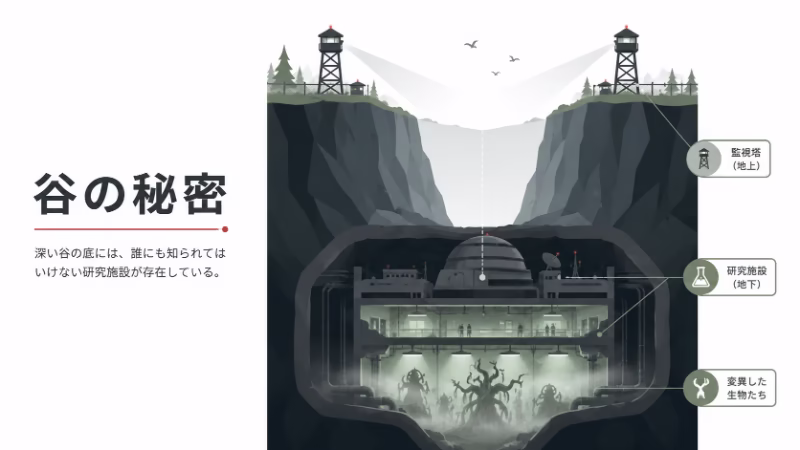 深い谷の底に隠された研究施設と異形の存在を描いたフラットデザインの挿絵。ネタバレあり考察向け。