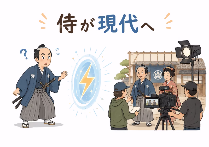 幕末の侍が現代の時代劇撮影所にタイムスリップする様子を描いたフラットデザインの挿絵