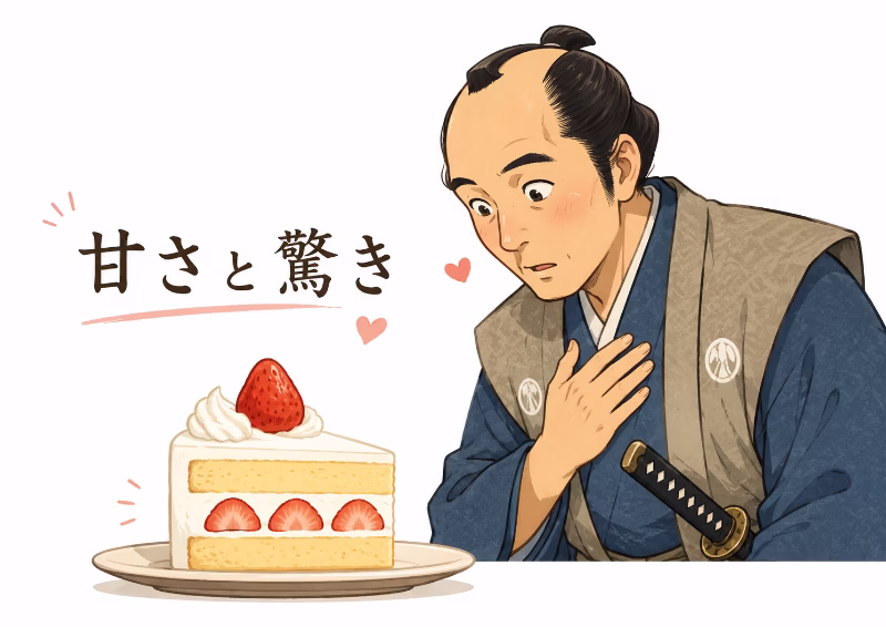 ショートケーキを前に驚きと感動を見せる侍を描いたフラットデザインの挿絵