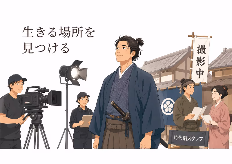現代の撮影所で自分の居場所を見つけた侍を表現したフラットデザインの挿絵