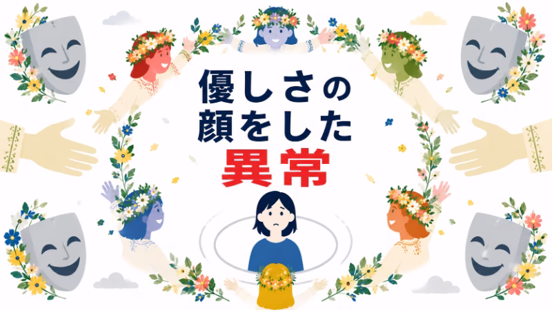 優しさに見える共同体の不気味さを、笑顔の仮面と囲まれた人物で表した挿絵
