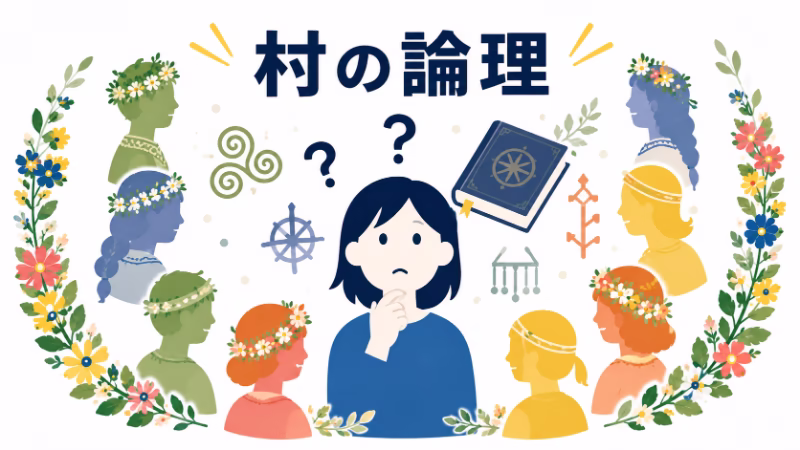 ホルガ村の論理が理解できず困惑する観客の視点を表した『ミッドサマー』考察用の挿絵