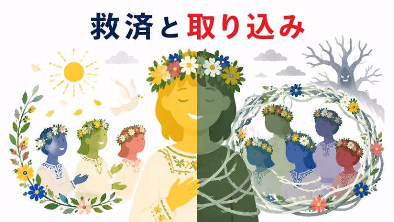 ラストの笑顔を救済と共同体への取り込みの二重性として表した『ミッドサマー』考察用の挿絵