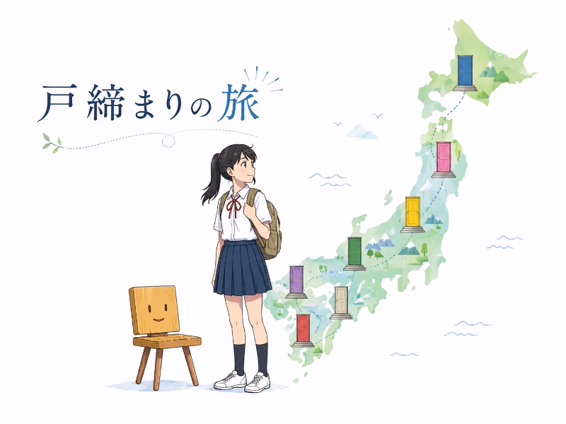 日本各地を旅しながら扉を閉めていく少女と椅子を描いた、映画『すずめの戸締まり』の導入イメージイラスト