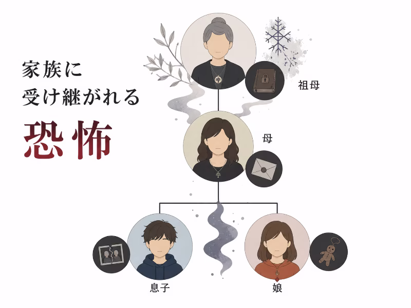 白背景のフラットデザインで、祖母から家族へと恐怖が受け継がれるイメージを図式化した映画紹介用イラスト