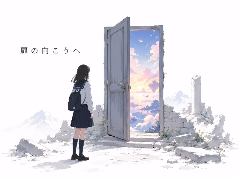 廃墟の中に立つ扉と、その向こうの不思議な世界を見つめる少女を描いたネタバレなしあらすじ用イラスト