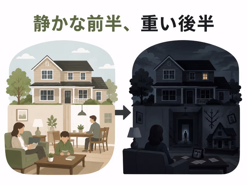 白背景のフラットデザインで、静かな前半と不穏さが増す後半の違いを表現した映画レビュー用イラスト