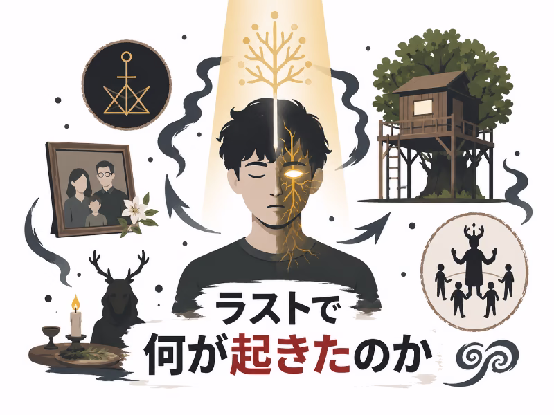 白背景のフラットデザインで、ラストで主人公に何が起きたのかを象徴的に描いた映画考察用イラスト