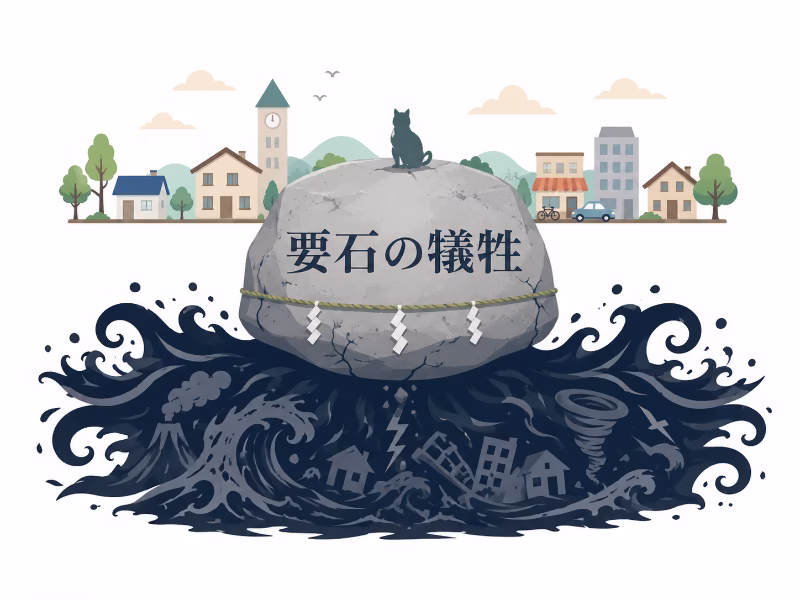 災いを封じる石と、その上に成り立つ平穏を対比的に描いた要石考察用イラスト