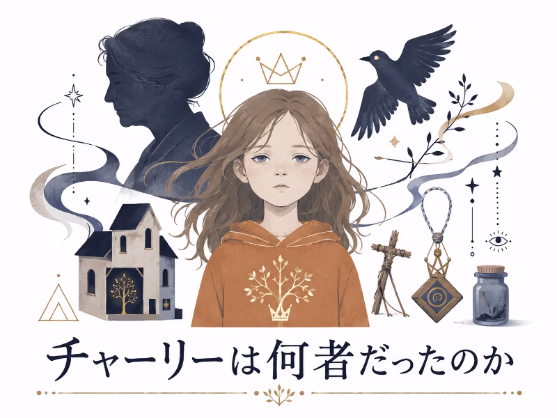 白背景のフラットデザインで、虚ろで不思議な少女チャーリーの存在を象徴的に描いた考察用イラスト