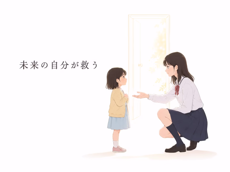 成長した少女が幼い自分に手を差し伸べる姿を描いた、ラスト考察用のイラスト