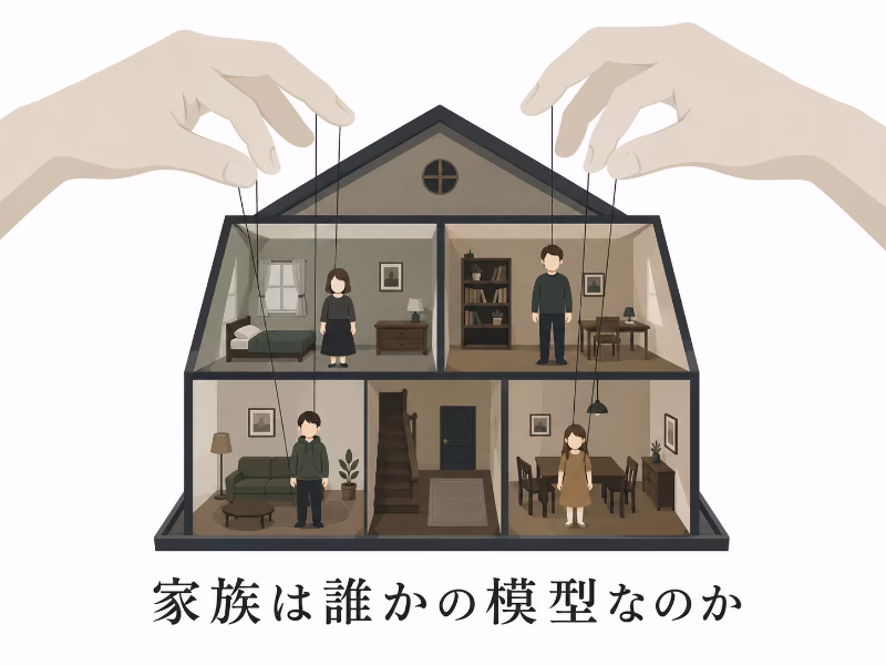 白背景のフラットデザインで、ドールハウスのような家と家族を使って支配と配置の構造を表現したイラスト