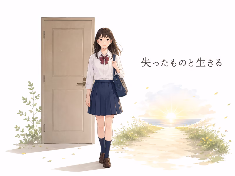 扉を閉めたあと前を向く少女を描いた、喪失と再生の総括イメージイラスト