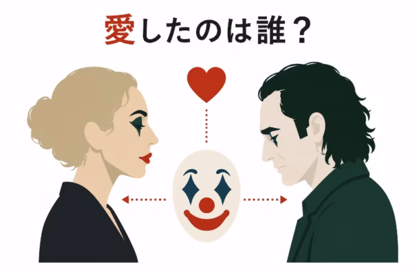リーがアーサー本人ではなくジョーカーという物語に惹かれていたことを表現した白背景のフラットデザインの挿絵