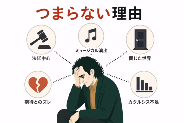 ジョーカー2がつまらないと言われる理由を法廷や音符のアイコンで整理した白背景のフラットデザインの挿絵