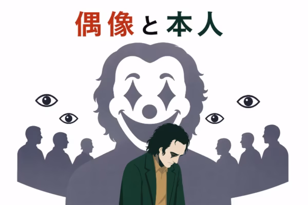 ジョーカーという偶像と、ただのアーサー本人のズレを表現した白背景のフラットデザインの挿絵