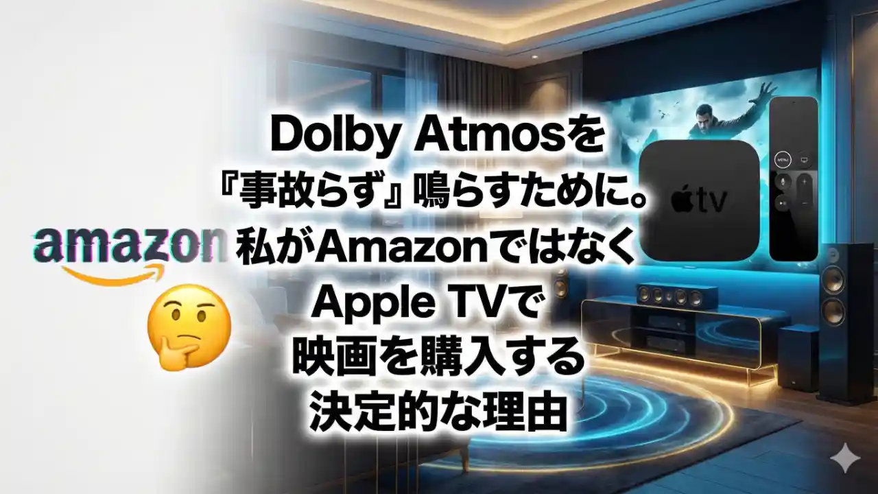 リビングでSonosのサラウンドシステムを使って映画を楽しむ様子とApple TVとAmazon Prime Videoの比較イメージ