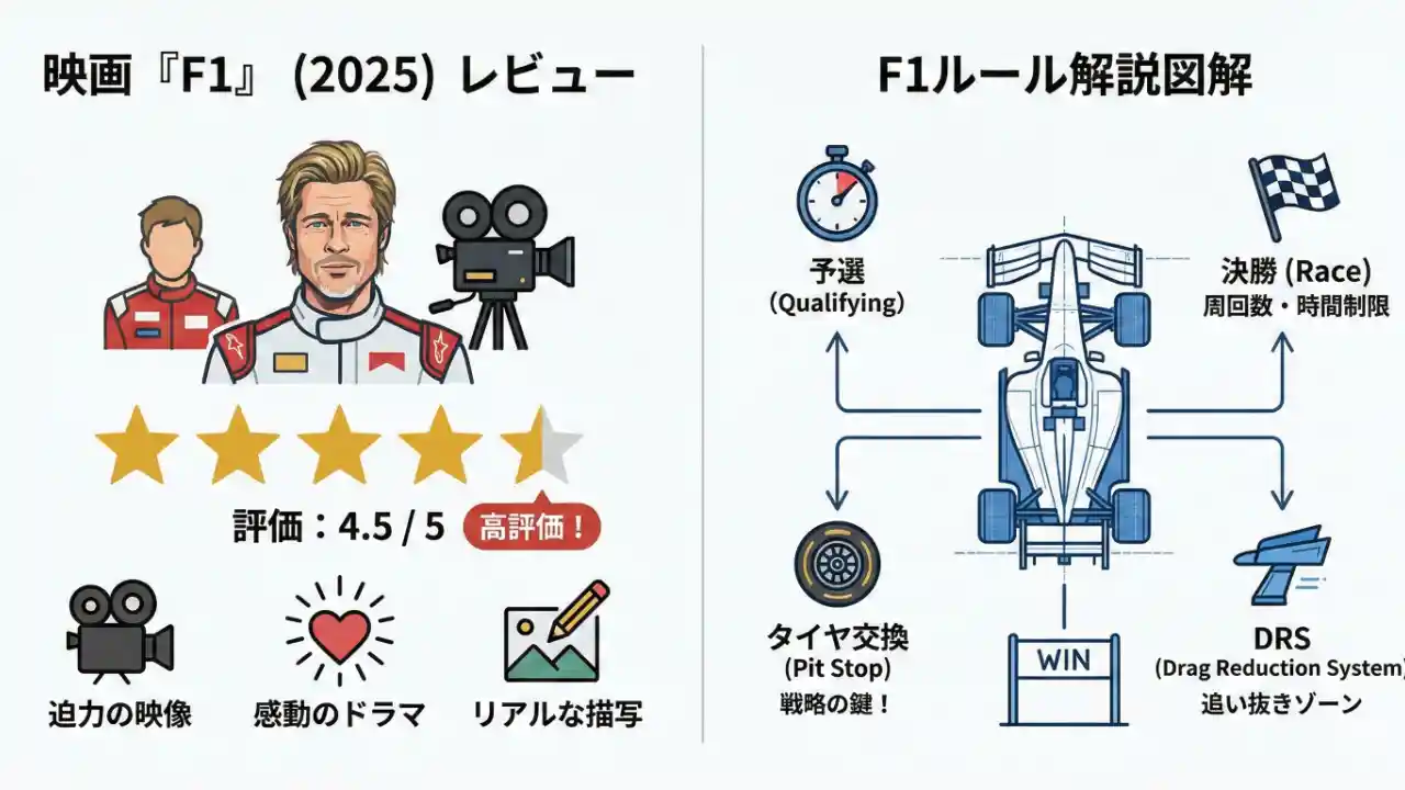 映画『F1』（2025）レビューのアイキャッチ：ブラッド・ピット主演映画の評価とF1ルールの解説図解