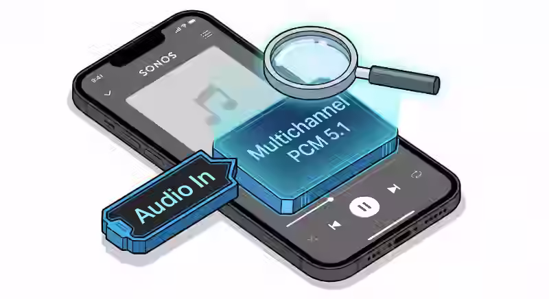 Sonosアプリのインターフェースに焦点を当てたスマートフォン画面のイラスト。「Audio In」とラベル付けされた目立つバッジが、テック風のボックス内に「Multichannel PCM 5.1」と表示している。虫眼鏡のアイコンがその上に浮かんでおり、「検査」や「診断」を象徴している。クリーンなUIデザイン。白背景で分離。