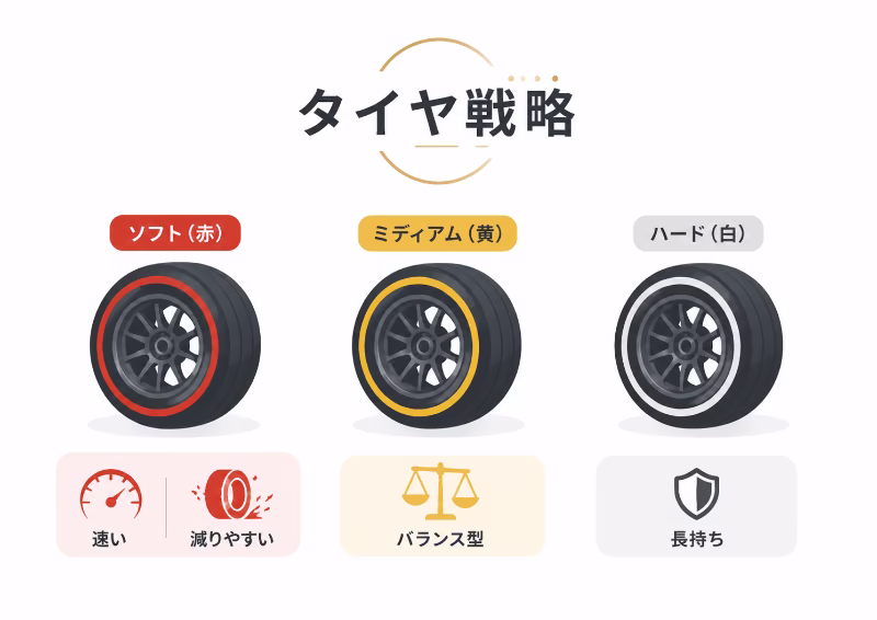 F1のソフト・ミディアム・ハードタイヤの違いと戦略を説明するイラスト
