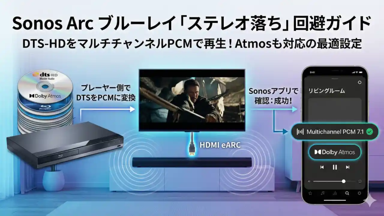Sonos Arcでブルーレイの音を「ステレオ落ち」させない設定ガイド（DTS-HD→PCM / Atmosも対応）のアイキャッチ画像