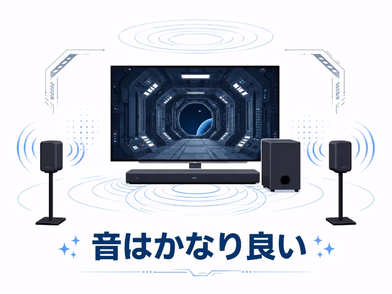 サウンドバーとリアスピーカーによるAtmos音響の良さを表現したフラットデザインの挿絵