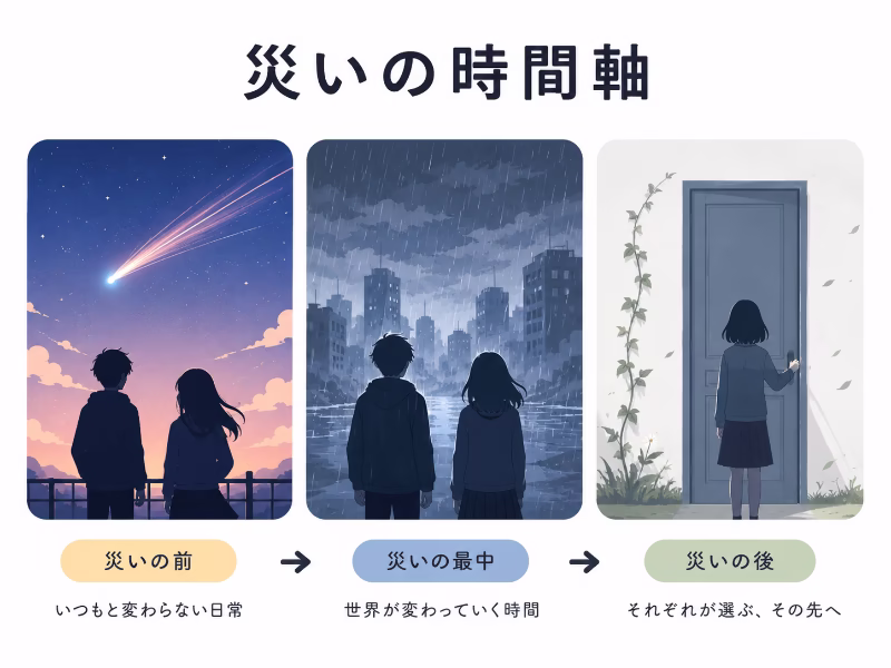 『君の名は。』『天気の子』『すずめの戸締まり』を、災いの前・最中・後という時間軸で比較したイラスト