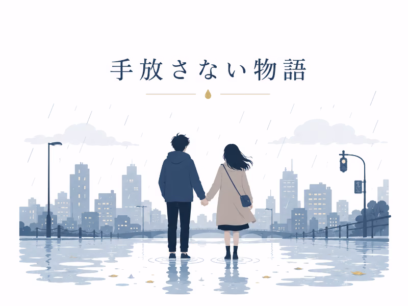 雨の街で手をつなぐ二人を描き、『天気の子』の「手放さない物語」というテーマを表現したイラスト