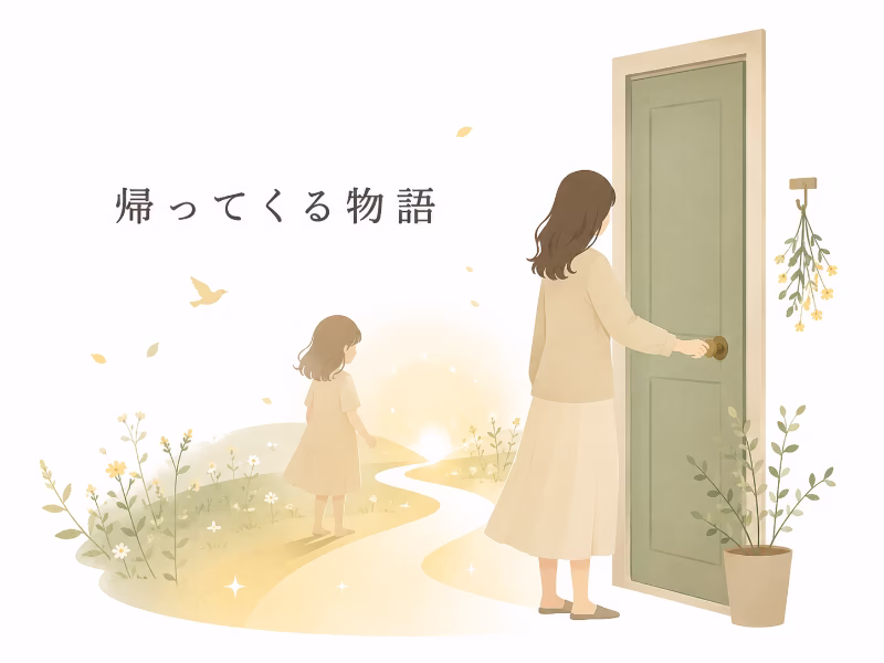 扉の前に立つ少女と幼い自分の姿を描き、『すずめの戸締まり』の再生と帰還を表現したイラスト