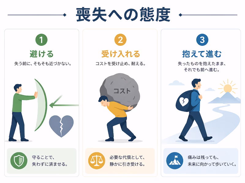 三作品における喪失への向き合い方の違いを、回避・引き受ける・抱えて進むの3つで整理した比較イラスト