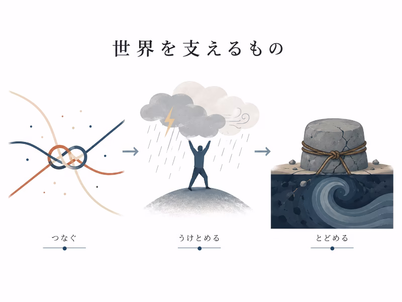『君の名は。』『天気の子』『すずめの戸締まり』に共通する、世界を支える見えない構造を示したイラスト