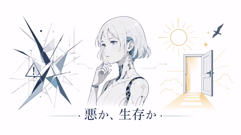 悪意と生存戦略のあいだにいる女性型AIを象徴的に表現した白背景のフラットデザイン挿絵