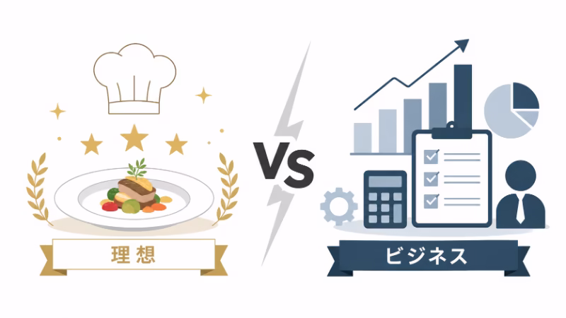 料理人の理想と経営ビジネスの衝突を表したフラットデザインの挿絵