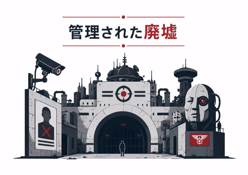 管理された地下未来世界をシンプルに表現した白背景のフラットデザイン挿絵