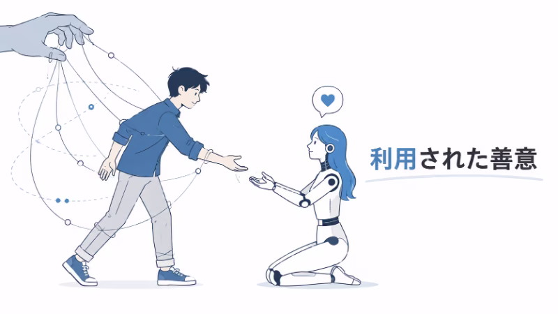 女性型AIに手を差し伸べる男性と、その善意が利用されていることを象徴的に表した白背景のフラットデザイン挿絵