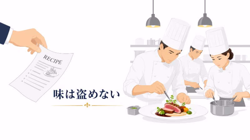 レシピは盗めても店の味は盗めないという第6話のテーマを表現したフラットデザイン画像