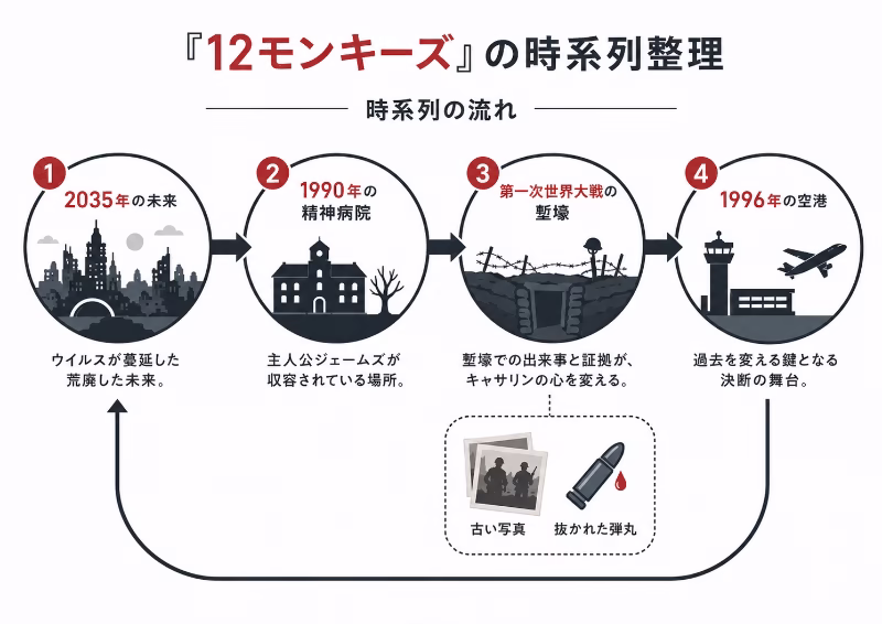 2035年、1990年、第一次世界大戦、1996年の流れを整理した12モンキーズの時系列図