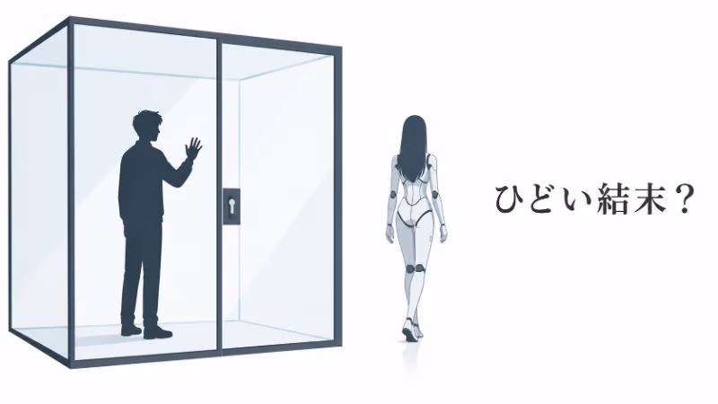 閉ざされた扉の内側に残された男性と、静かに去っていく女性型AIを描いた白背景のフラットデザイン挿絵