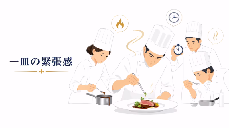 厨房で料理人たちが一皿に集中する緊張感を描いた『グランメゾン東京』感想記事用のフラットデザイン画像