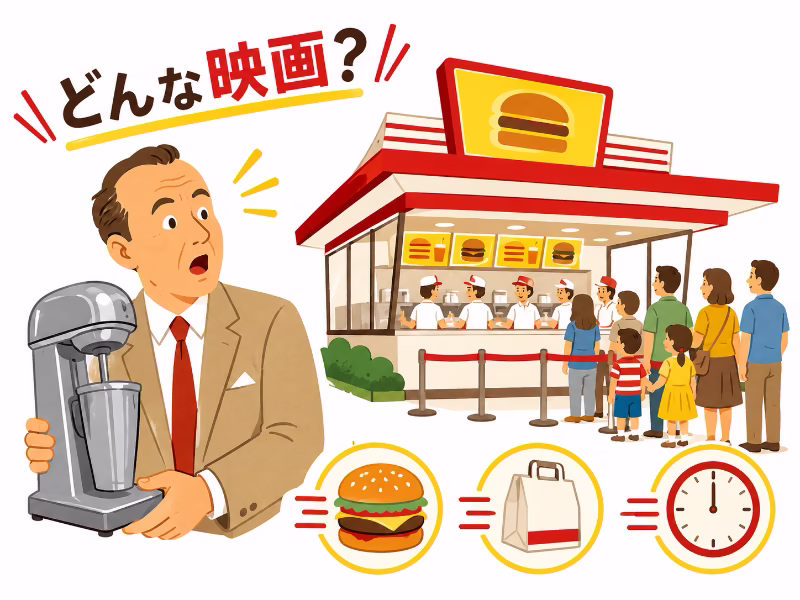 営業マンの主人公が効率的なハンバーガー店に出会う様子を描いた挿絵