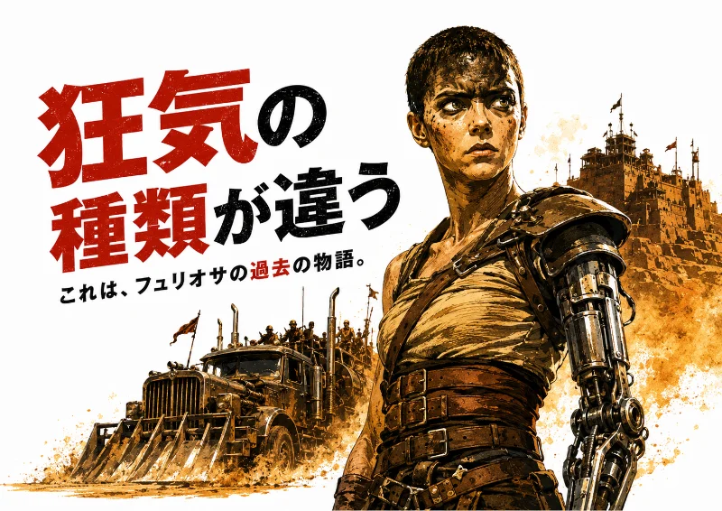 白背景に、義手の若い女性戦士と荒野の改造車や砦を描いた、映画『マッドマックス：フュリオサ』感想記事のアイキャッチイラスト