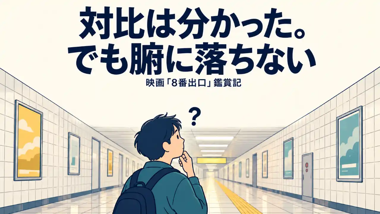 「対比は分かった。でも腑に落ちない」の見出しと、地下通路で考える人物。頭上の疑問符で、鑑賞後に残る戸惑いを表す表紙。